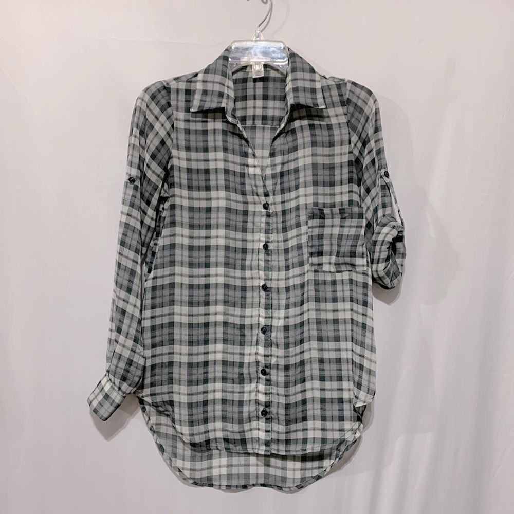 🟢3 for $20—BAND of Gypsies sheer plaid modified VNeck button down top sz S